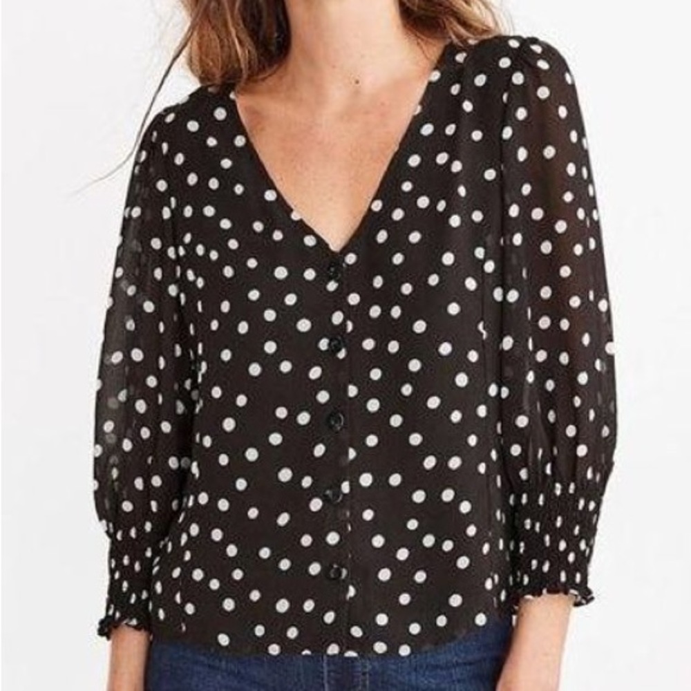 Madewell Polka Dot Button Down V Neck Smocked Cuff Top Women Size 16 Black White